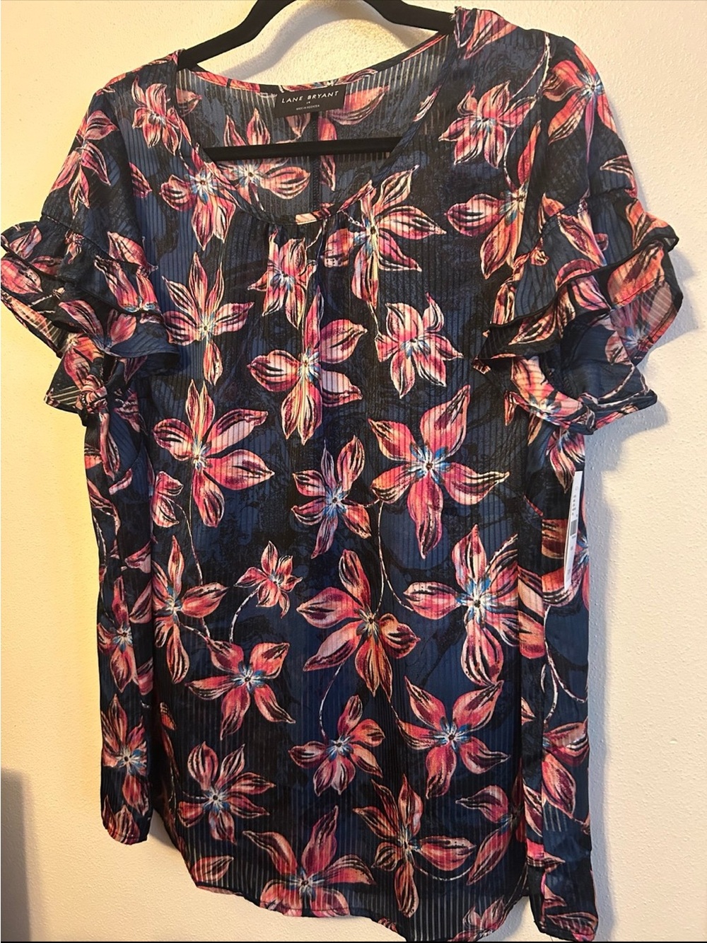 Lane Bryant Navy Floral Ruffle Sleeve Top